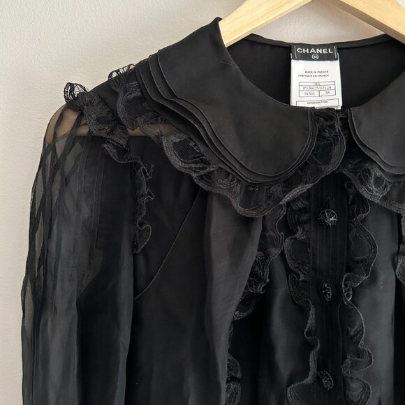 CHANEL BLACK SILK RUFFLE BLOUSE - Picture 10 of 15